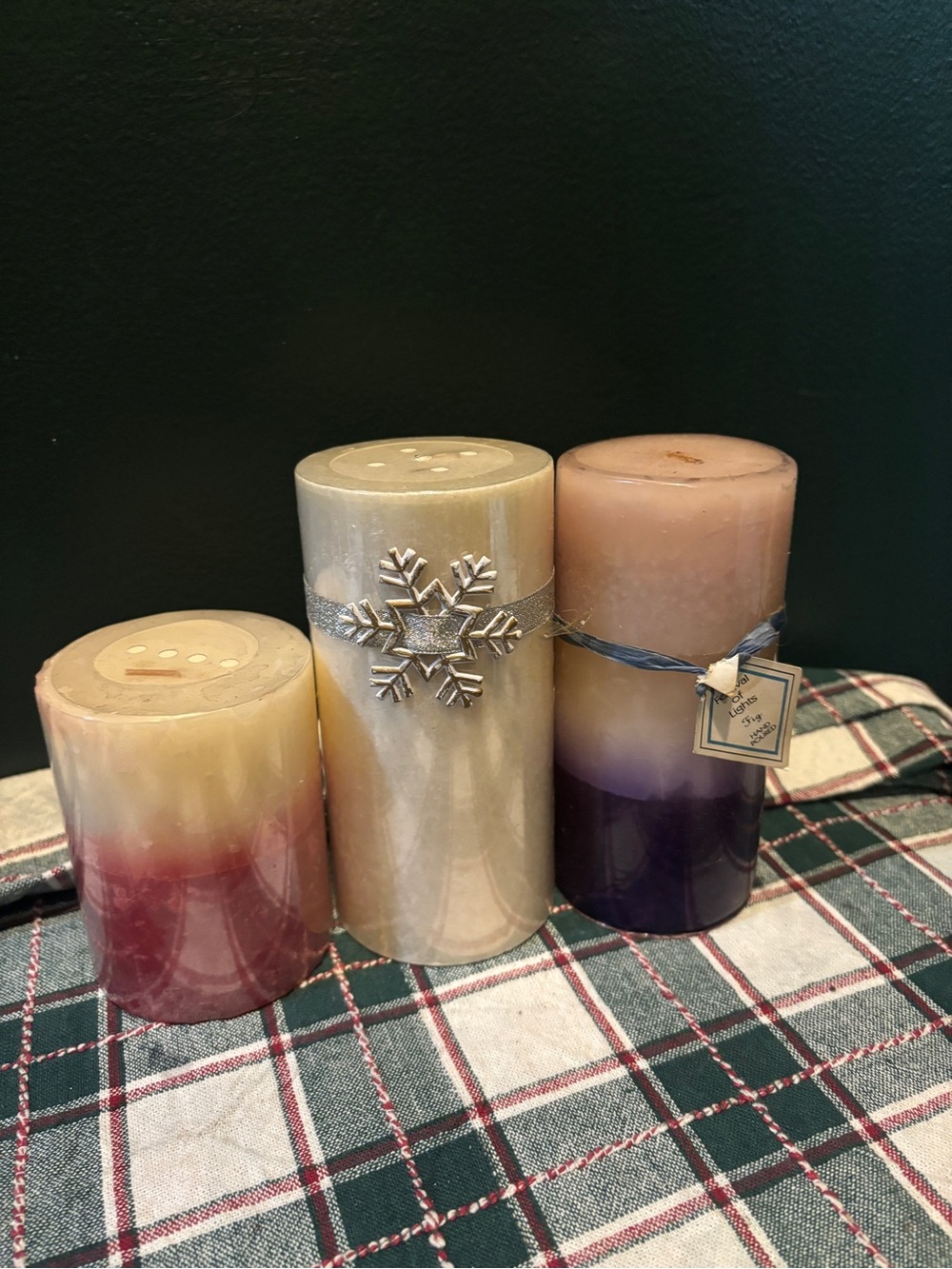 Set of 3 Decorative Ombre Pillar Candles in Cream, Red, and Purple